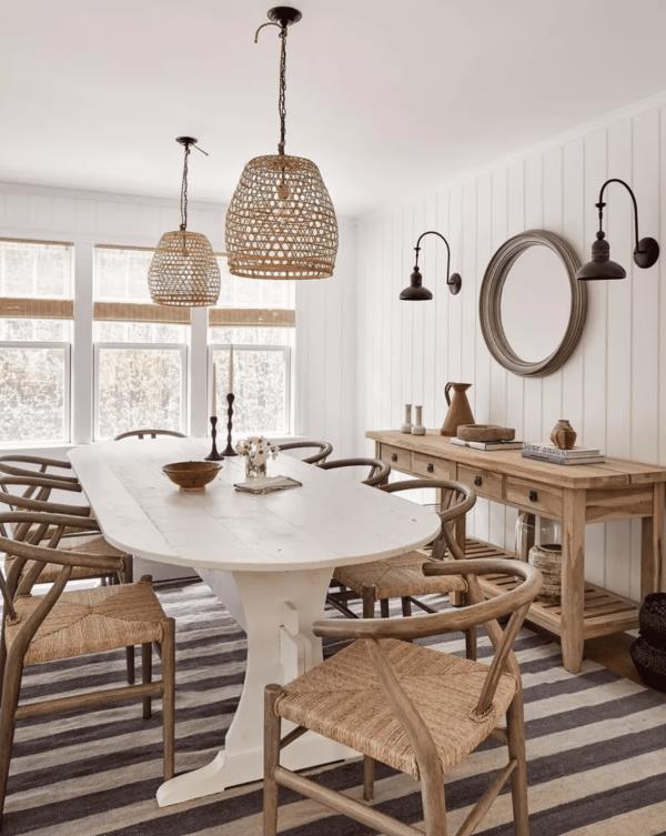 dining room with striped rug