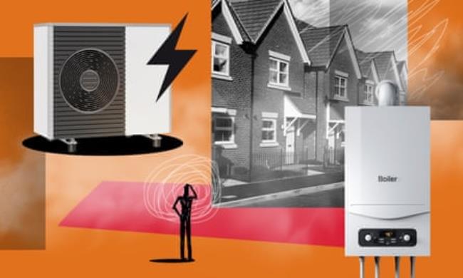 an illustration showing homes, a heat pump and a gas boiler, and a silhouette of a man scratching his head