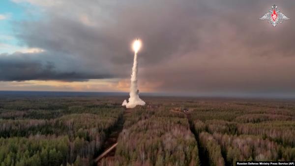 FILE - In this photo taken from video distributed by Russian Defense Ministry Press Service on Oct. 29, 2024, a Yars interco<em></em>ntinental ballistic missile is test-fired from the Plesetsk launchpad in northwestern Russia. 